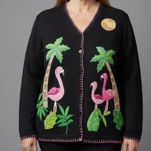 NEW Quacker Factory Flamingo Cardigan Sweater Black Large Button Covers INCLUDED